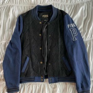 womens Victoria secret PINK jacket black lace and blue sleeves